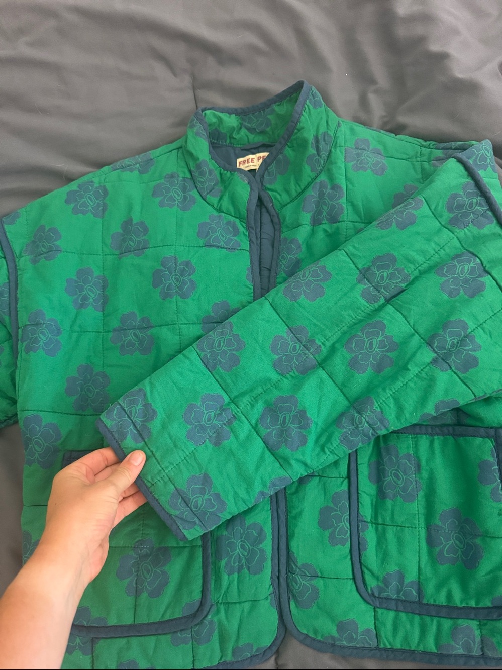 Free People Chloe Green Quilted Floral Cropped Puffer Jacket with Blue Accents - Picture 4 of 5